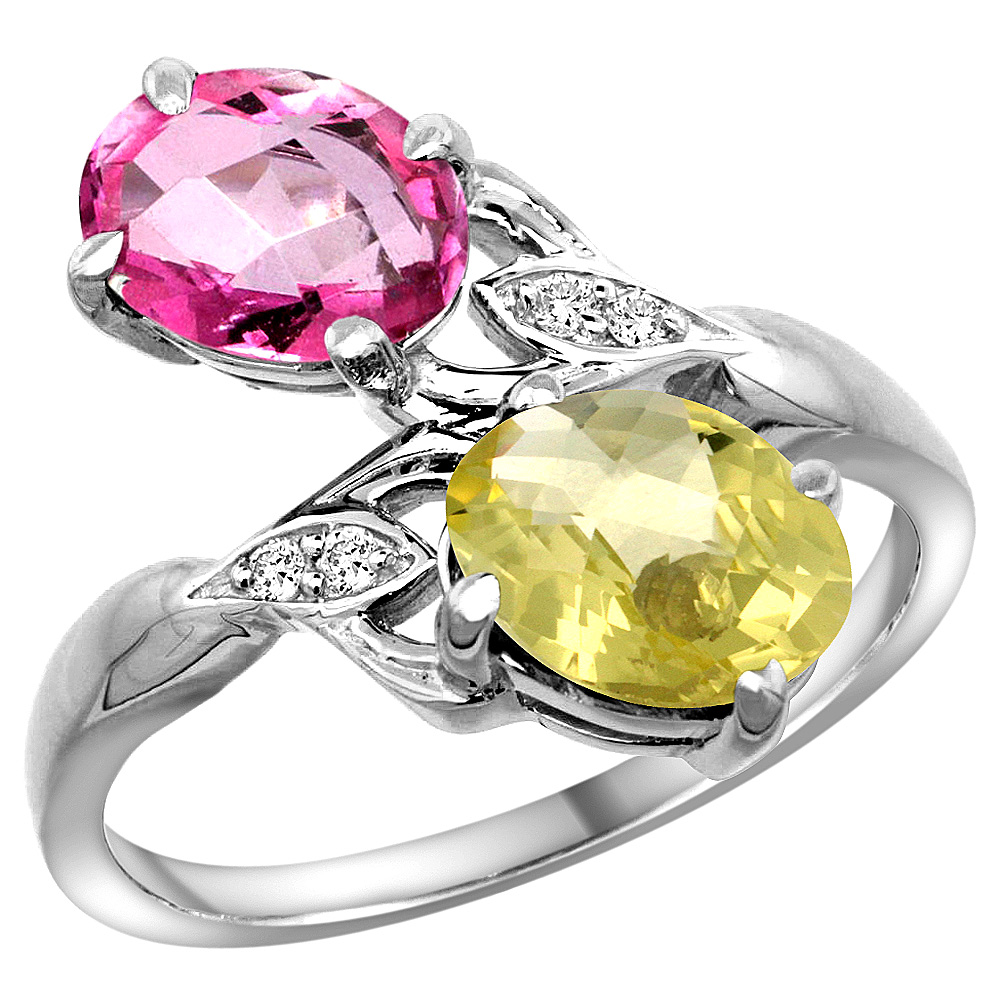 14k White Gold Diamond Natural Pink Topaz & Lemon Quartz 2-stone Ring Oval 8x6mm, sizes 5 - 10