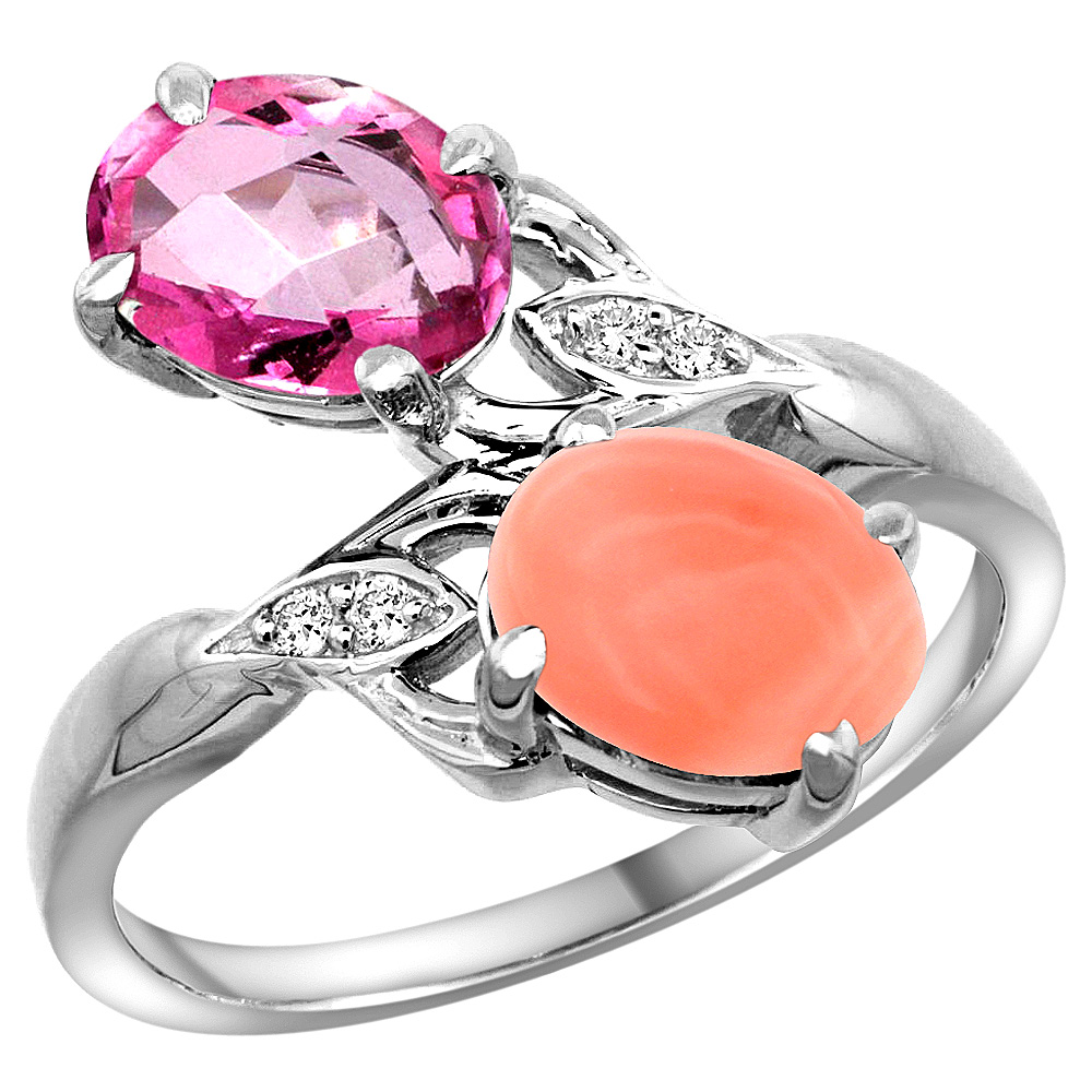 10K White Gold Diamond Natural Pink Topaz &amp; Coral 2-stone Ring Oval 8x6mm, sizes 5 - 10