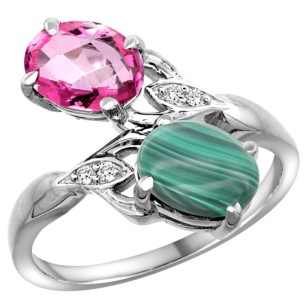 14K WHITE GOLD DIAMOND NATURAL PINK TOPAZ & MALACHITE 2-STONE RING OVAL 8X6MM, SIZES 5 - 10