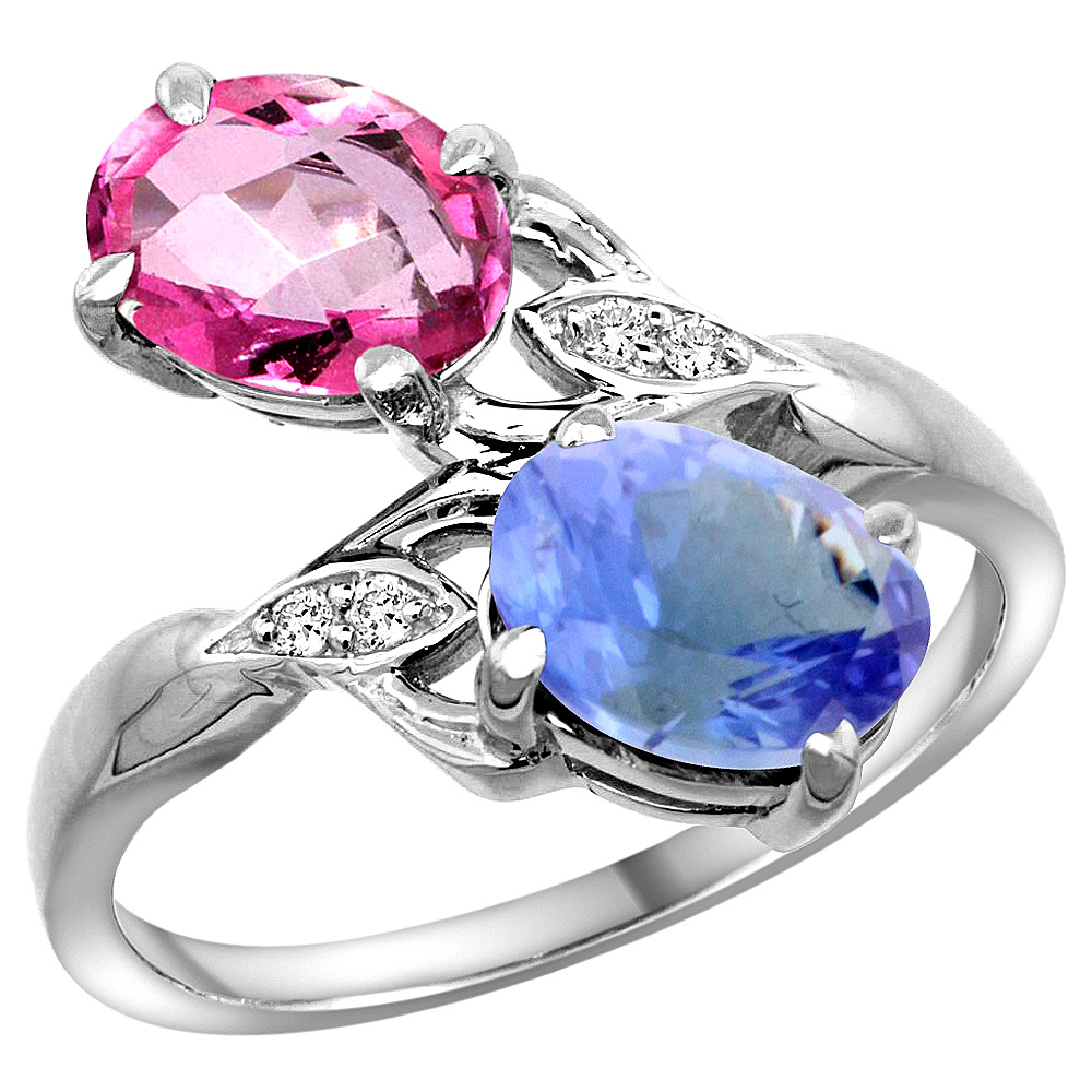 14K WHITE GOLD DIAMOND NATURAL PINK TOPAZ & TANZANITE 2-STONE RING OVAL 8X6MM, SIZES 5 - 10
