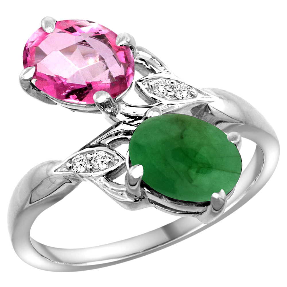 14k White Gold Diamond Natural Pink Topaz &amp; Cabochon Emerald 2-stone Ring Oval 8x6mm, sizes 5 - 10