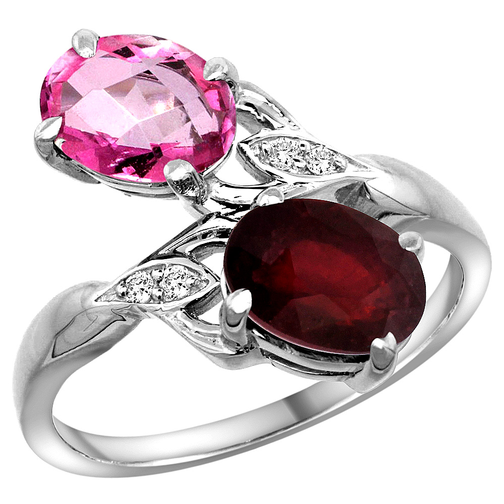 14k White Gold Diamond Natural Pink Topaz &amp; Quality Ruby 2-stone Mothers Ring Oval 8x6mm, size 5 - 10