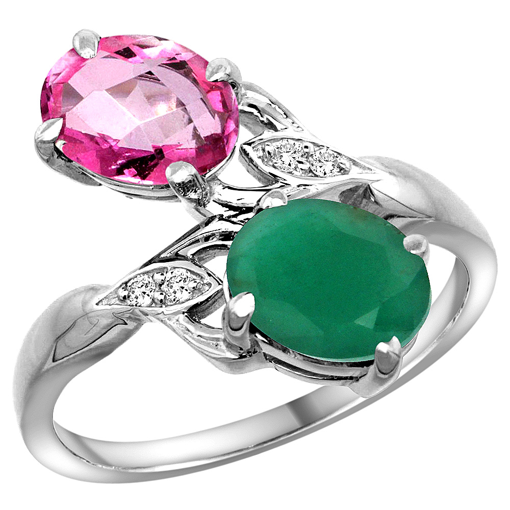 10K White Gold Diamond Natural Pink Topaz &amp; Quality Emerald 2-stone Mothers Ring Oval 8x6mm, size 5 - 10