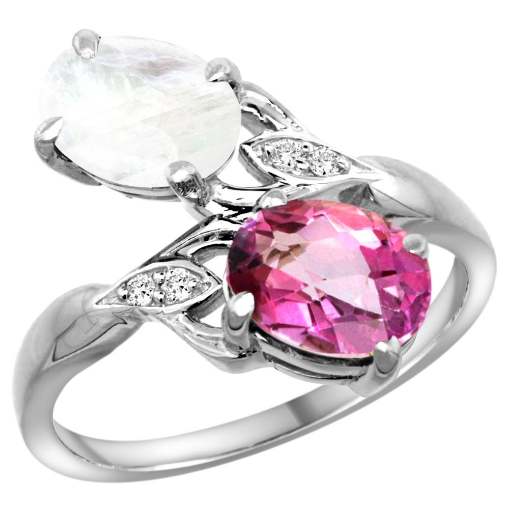10K White Gold Diamond Natural Pink Topaz &amp; Rainbow Moonstone 2-stone Ring Oval 8x6mm, sizes 5 - 10