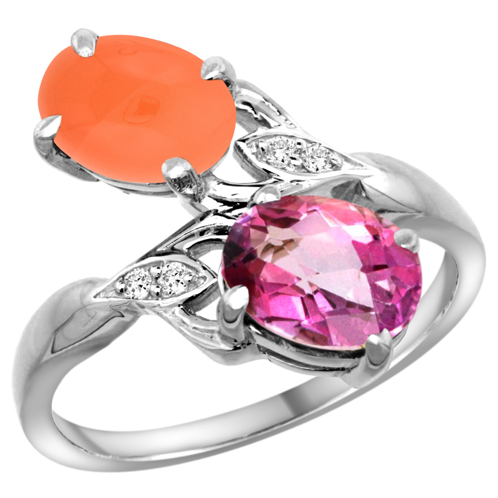 14K WHITE GOLD DIAMOND NATURAL PINK TOPAZ & ORANGE MOONSTONE 2-STONE RING OVAL 8X6MM, SIZES 5 - 10
