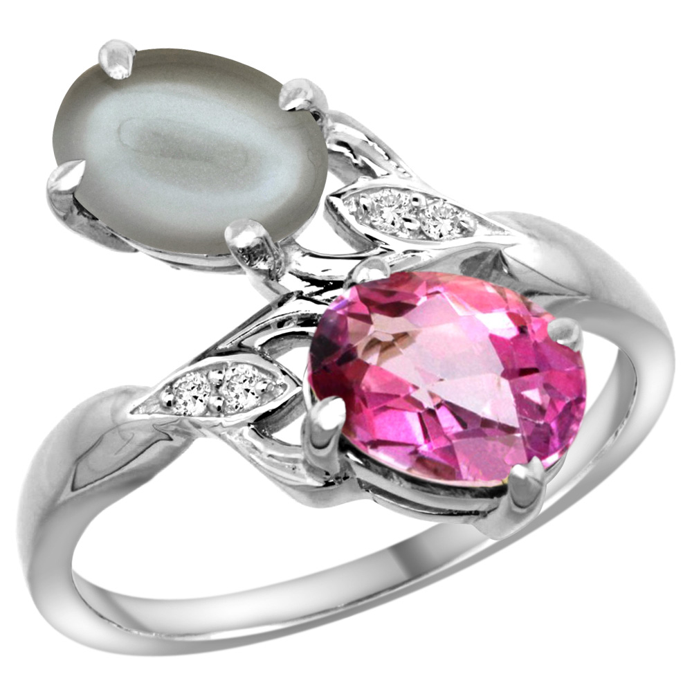 10K White Gold Diamond Natural Pink Topaz &amp; Gray Moonstone 2-stone Ring Oval 8x6mm, sizes 5 - 10