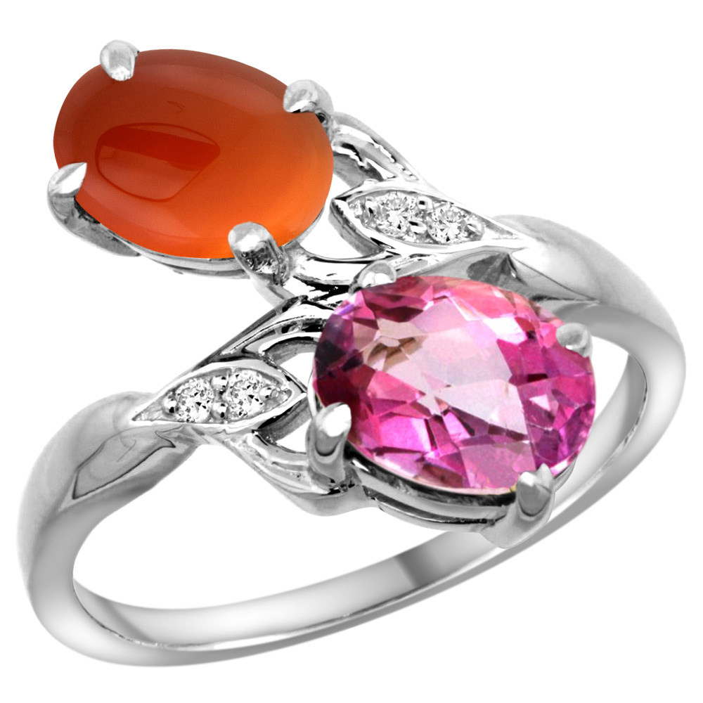 14k White Gold Diamond Natural Pink Topaz &amp; Brown Agate 2-stone Ring Oval 8x6mm, sizes 5 - 10