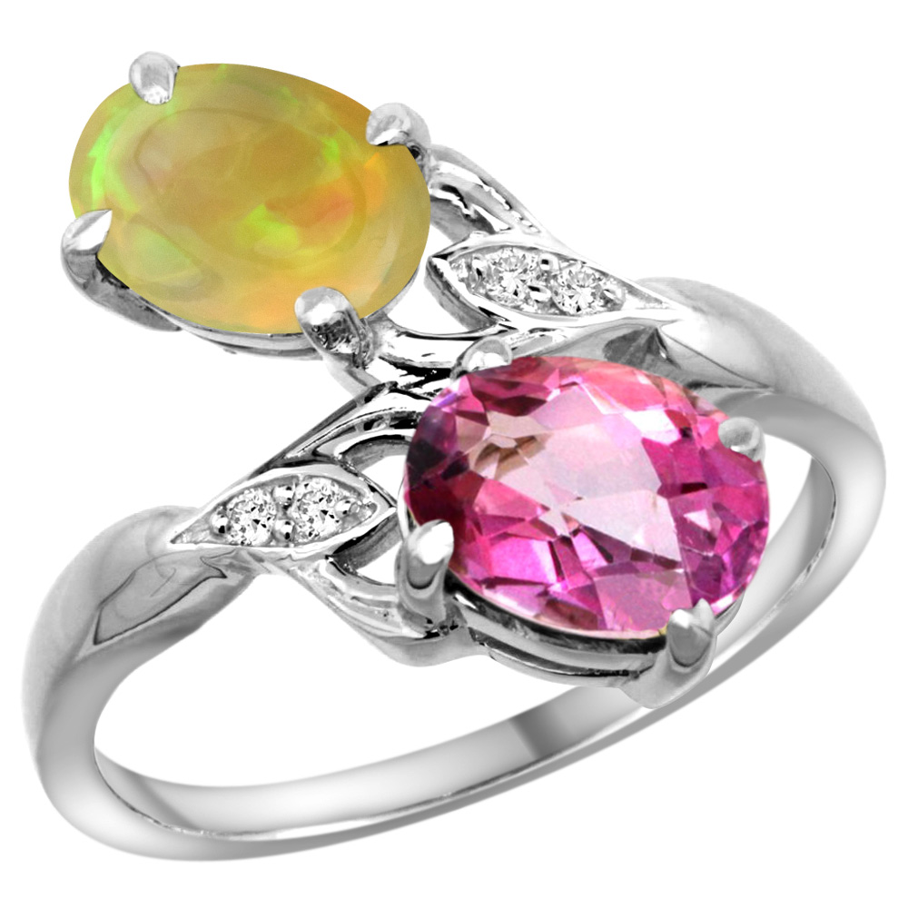 14k White Gold Diamond Natural Pink Topaz & Ethiopian Opal 2-stone Mothers Ring Oval 8x6mm, size 5 - 10