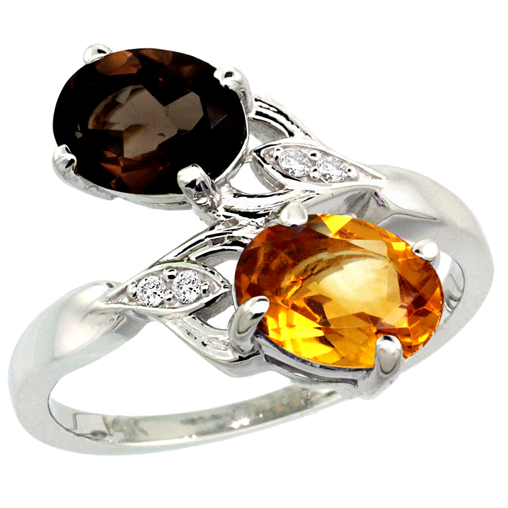14K WHITE GOLD DIAMOND NATURAL SMOKY TOPAZ & CITRINE 2-STONE RING OVAL 8X6MM, SIZES 5 - 10