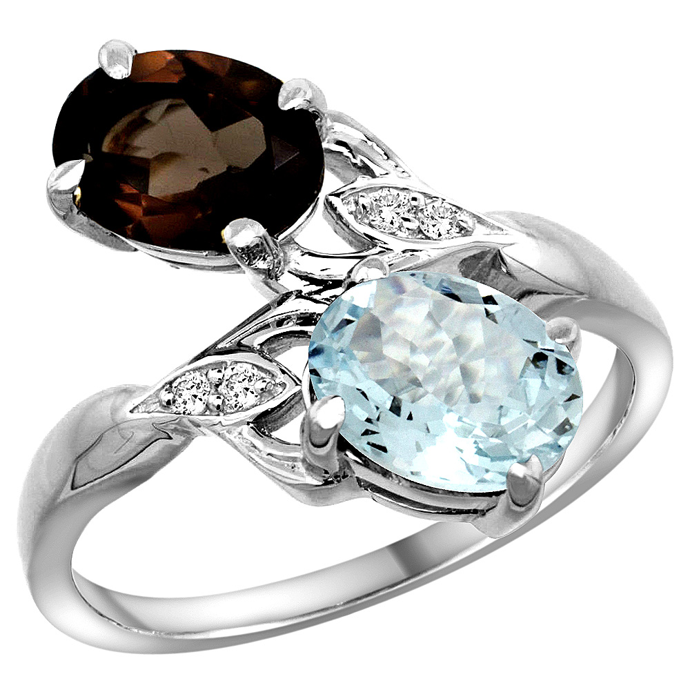 14K WHITE GOLD DIAMOND NATURAL SMOKY TOPAZ & AQUAMARINE 2-STONE RING OVAL 8X6MM, SIZES 5 - 10