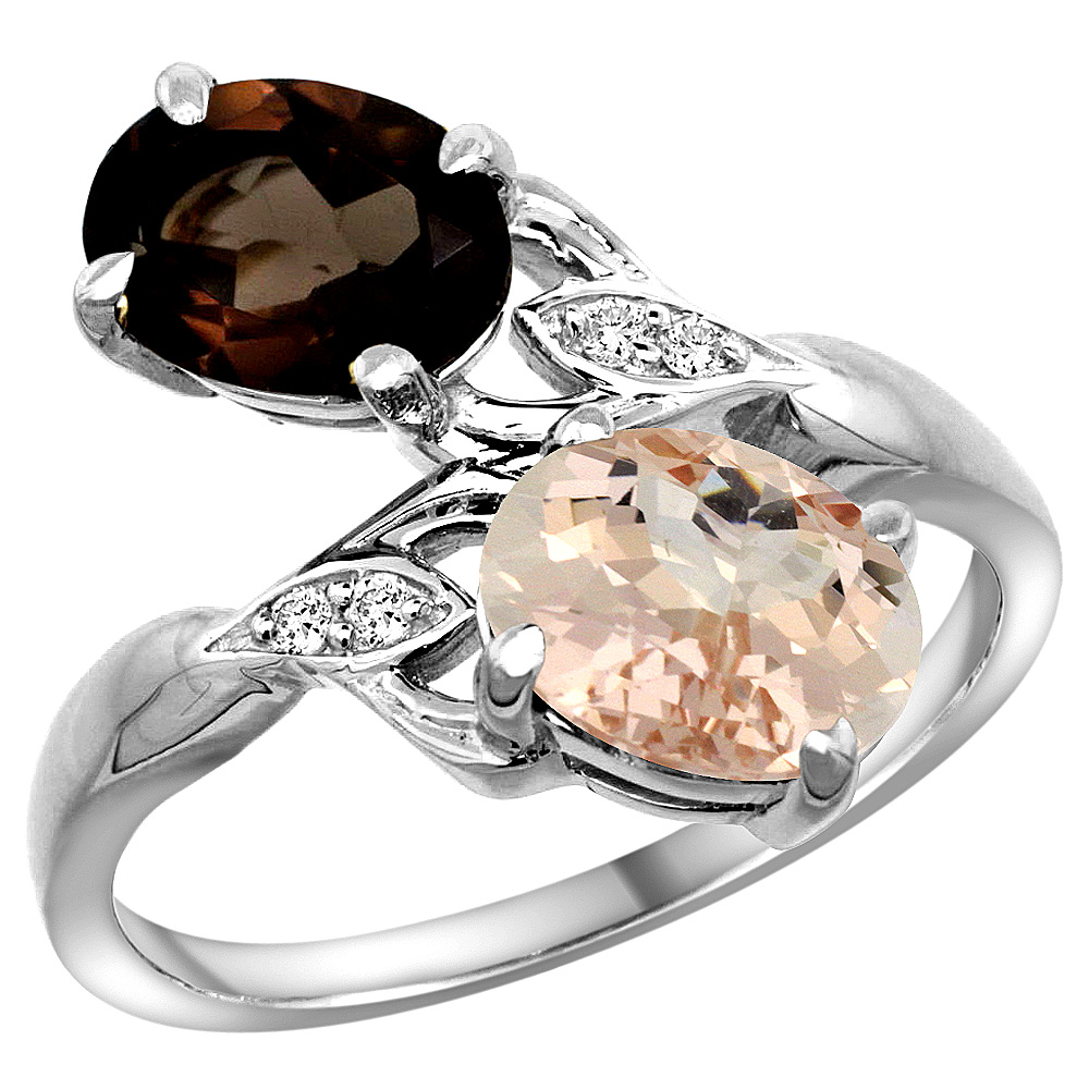 14K WHITE GOLD DIAMOND NATURAL SMOKY TOPAZ & MORGANITE 2-STONE RING OVAL 8X6MM, SIZES 5 - 10