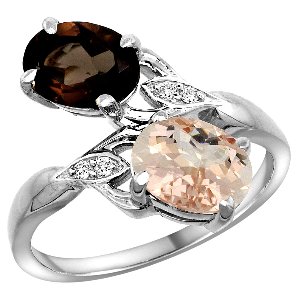 14k White Gold Diamond Natural Smoky Topaz & Morganite 2-stone Ring Oval 8x6mm, sizes 5 - 10