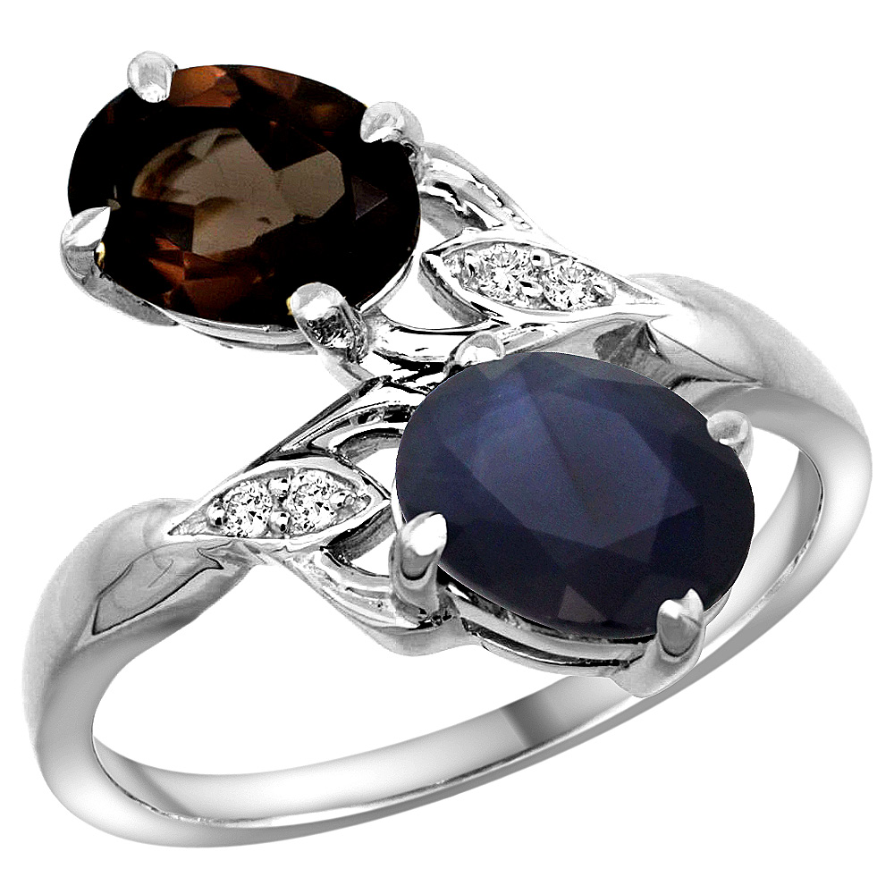14k White Gold Diamond Natural Smoky Topaz &amp; Blue Sapphire 2-stone Ring Oval 8x6mm, sizes 5 - 10