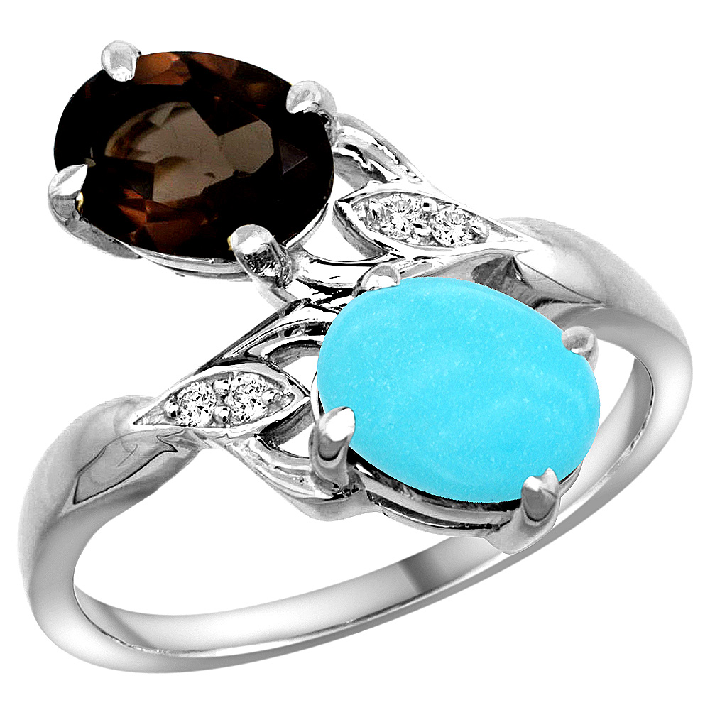 14K WHITE GOLD DIAMOND NATURAL SMOKY TOPAZ & TURQUOISE 2-STONE RING OVAL 8X6MM, SIZES 5 - 10