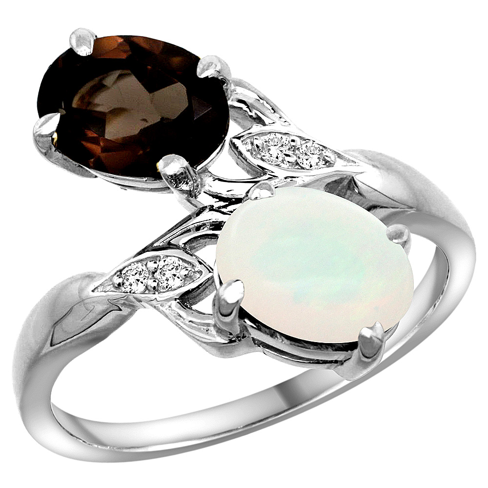14K WHITE GOLD DIAMOND NATURAL SMOKY TOPAZ & OPAL 2-STONE RING OVAL 8X6MM, SIZES 5 - 10