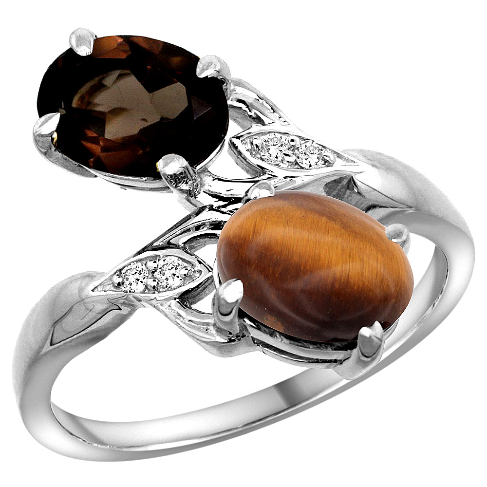 14K WHITE GOLD DIAMOND NATURAL SMOKY TOPAZ & TIGER EYE 2-STONE RING OVAL 8X6MM, SIZES 5 - 10