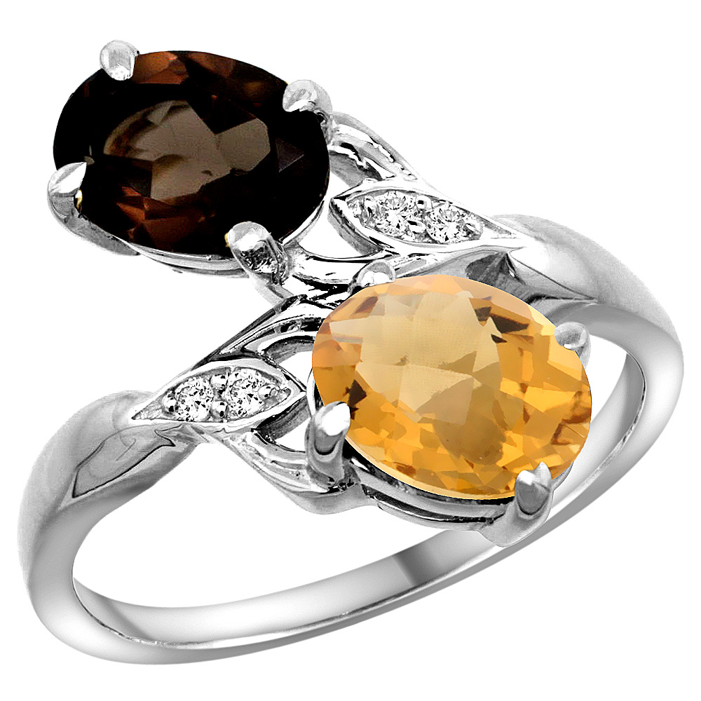 14K WHITE GOLD DIAMOND NATURAL SMOKY TOPAZ & WHISKY QUARTZ 2-STONE RING OVAL 8X6MM, SIZES 5 - 10