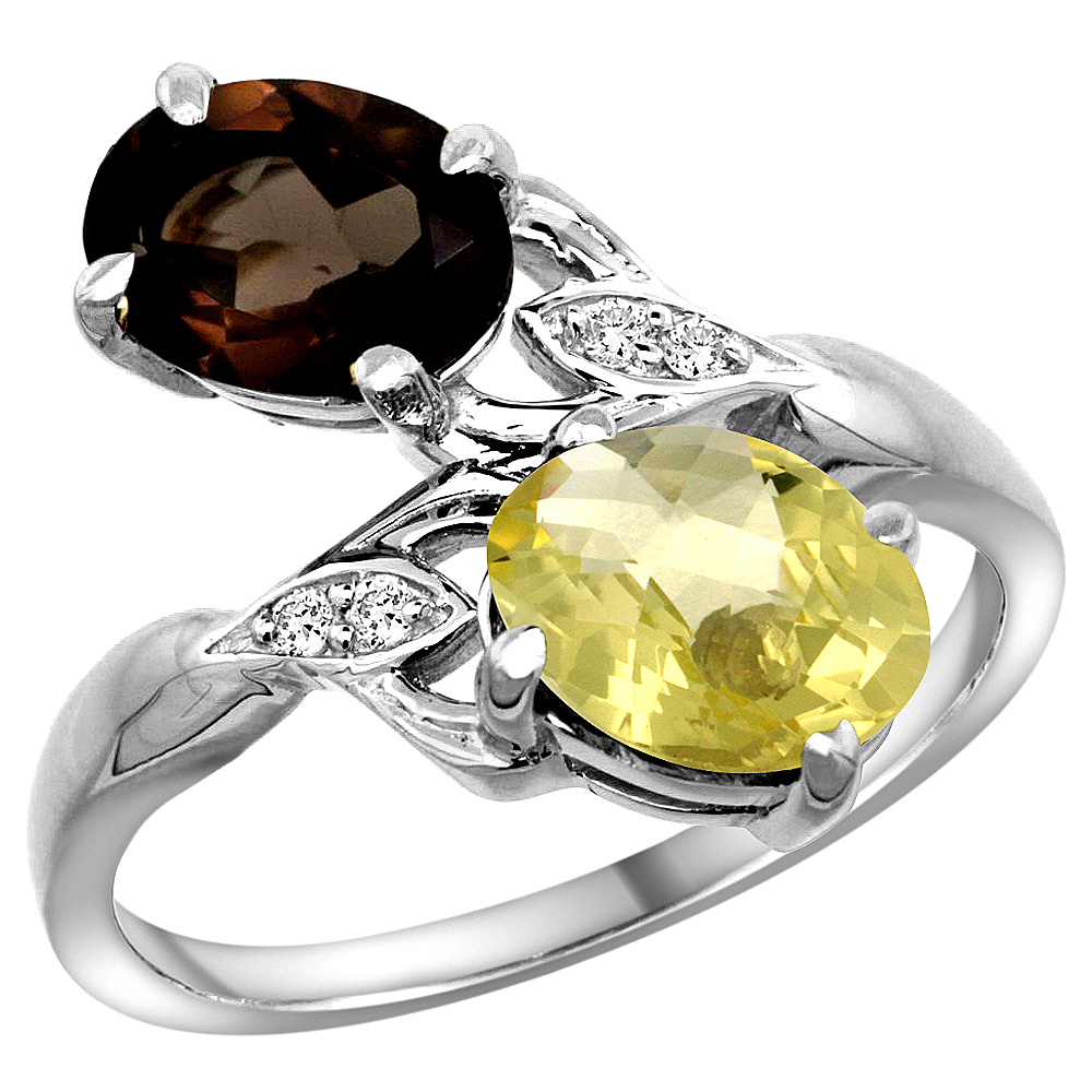 14k White Gold Diamond Natural Smoky Topaz &amp; Lemon Quartz 2-stone Ring Oval 8x6mm, sizes 5 - 10