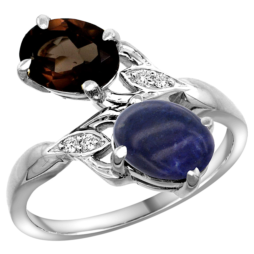 14K WHITE GOLD DIAMOND NATURAL SMOKY TOPAZ & LAPIS 2-STONE RING OVAL 8X6MM, SIZES 5 - 10
