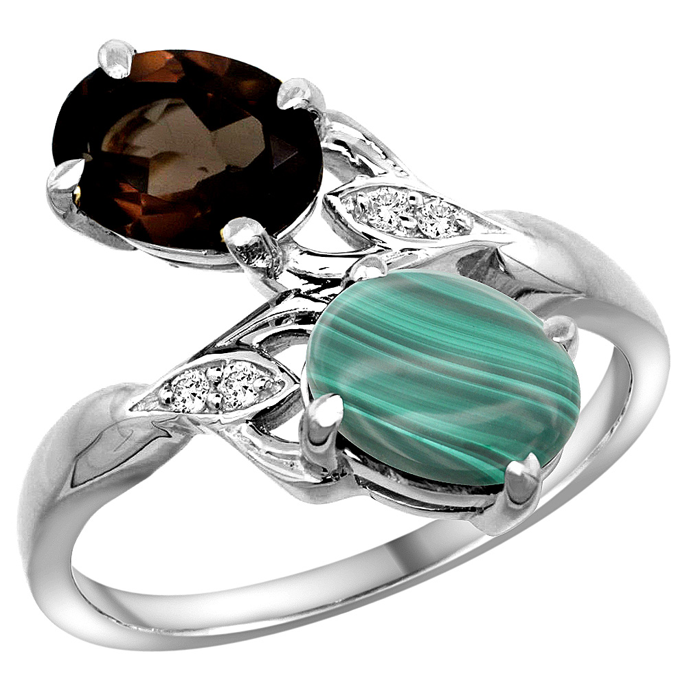 14K WHITE GOLD DIAMOND NATURAL SMOKY TOPAZ & MALACHITE 2-STONE RING OVAL 8X6MM, SIZES 5 - 10