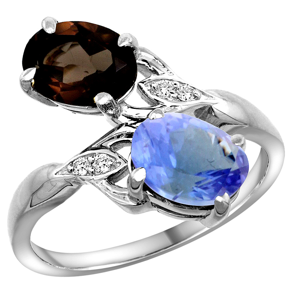 14K WHITE GOLD DIAMOND NATURAL SMOKY TOPAZ & TANZANITE 2-STONE RING OVAL 8X6MM, SIZES 5 - 10
