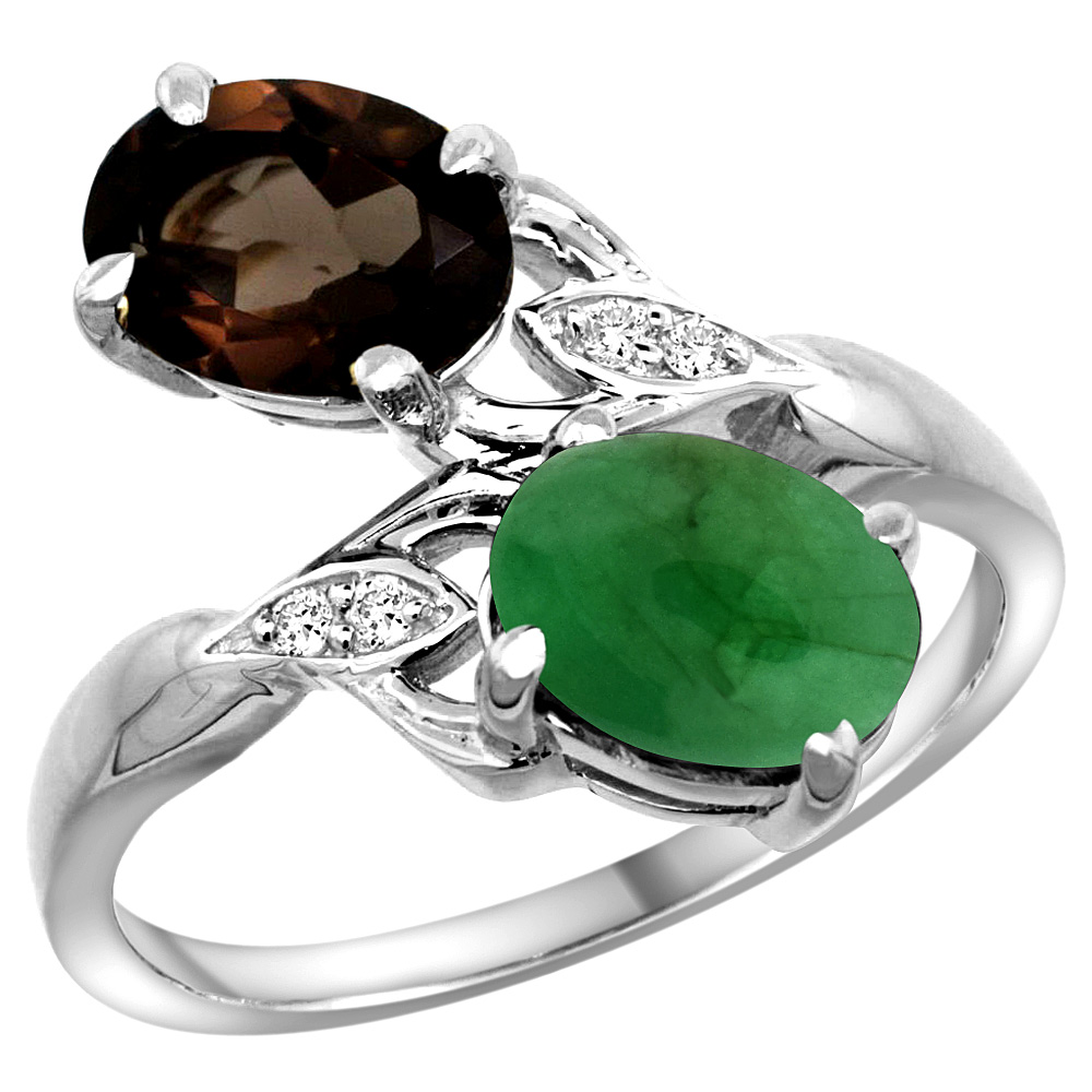 14K WHITE GOLD DIAMOND NATURAL SMOKY TOPAZ & CABOCHON EMERALD 2-STONE RING OVAL 8X6MM, SIZES 5 - 10