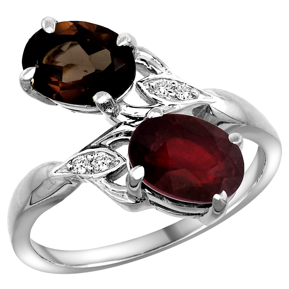 14K WHITE GOLD DIAMOND NATURAL SMOKY TOPAZ & QUALITY RUBY 2-STONE MOTHERS RING OVAL 8X6MM, SIZE 5 - 10