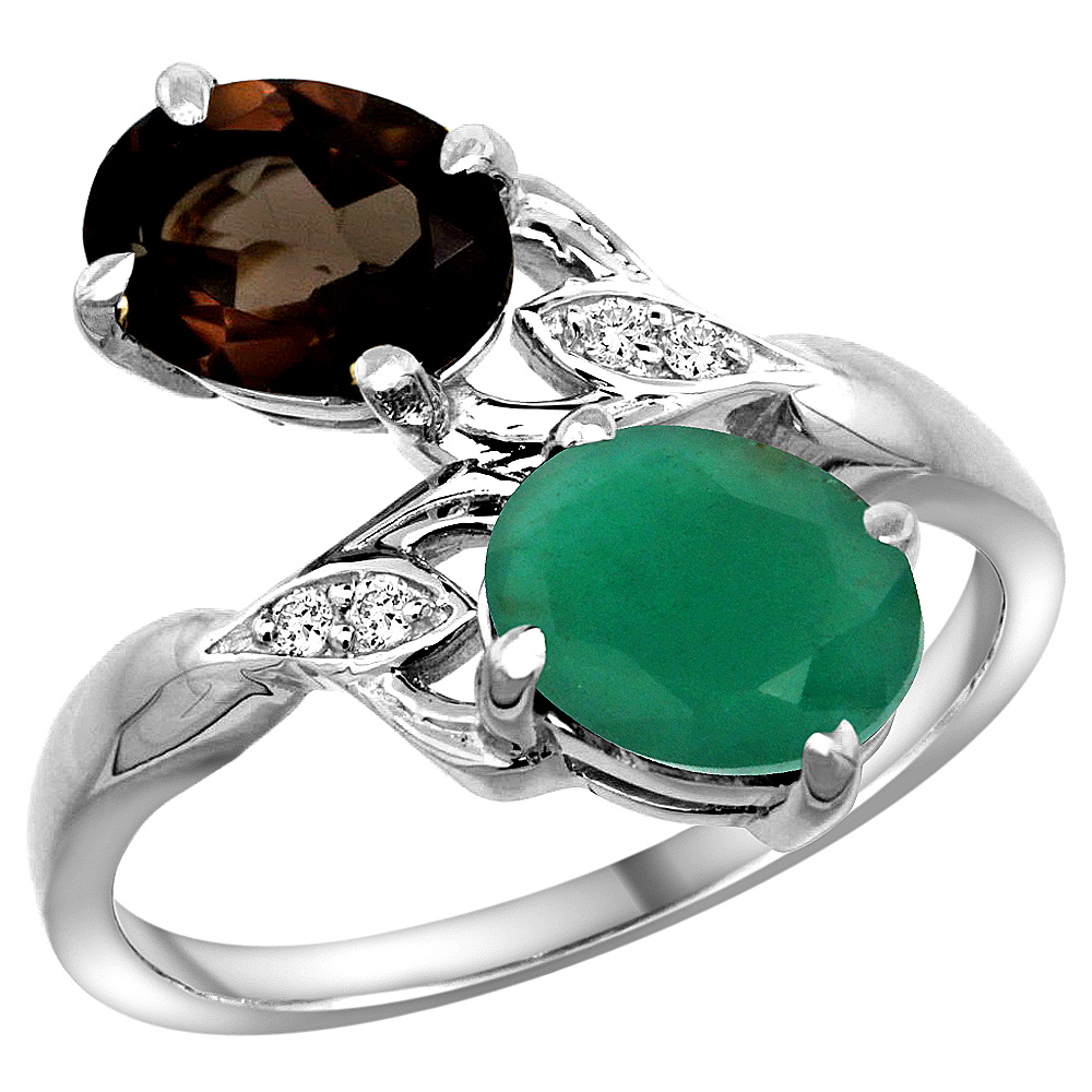 14K WHITE GOLD DIAMOND NATURAL SMOKY TOPAZ & QUALITY EMERALD 2-STONE MOTHERS RING OVAL 8X6MM, SIZE 5 - 10