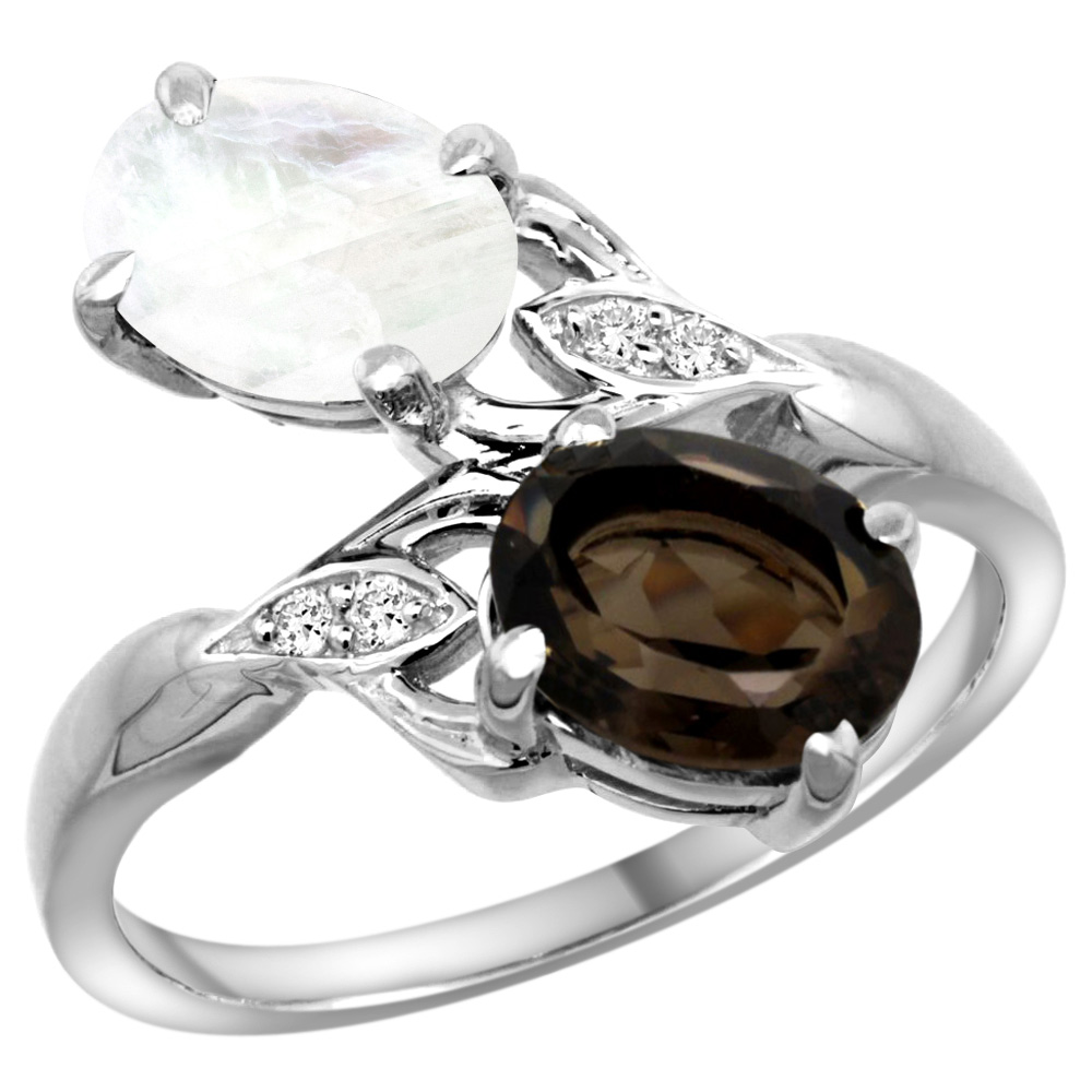 14k White Gold Diamond Natural Smoky Topaz & Rainbow Moonstone 2-stone Ring Oval 8x6mm, sizes 5 - 10