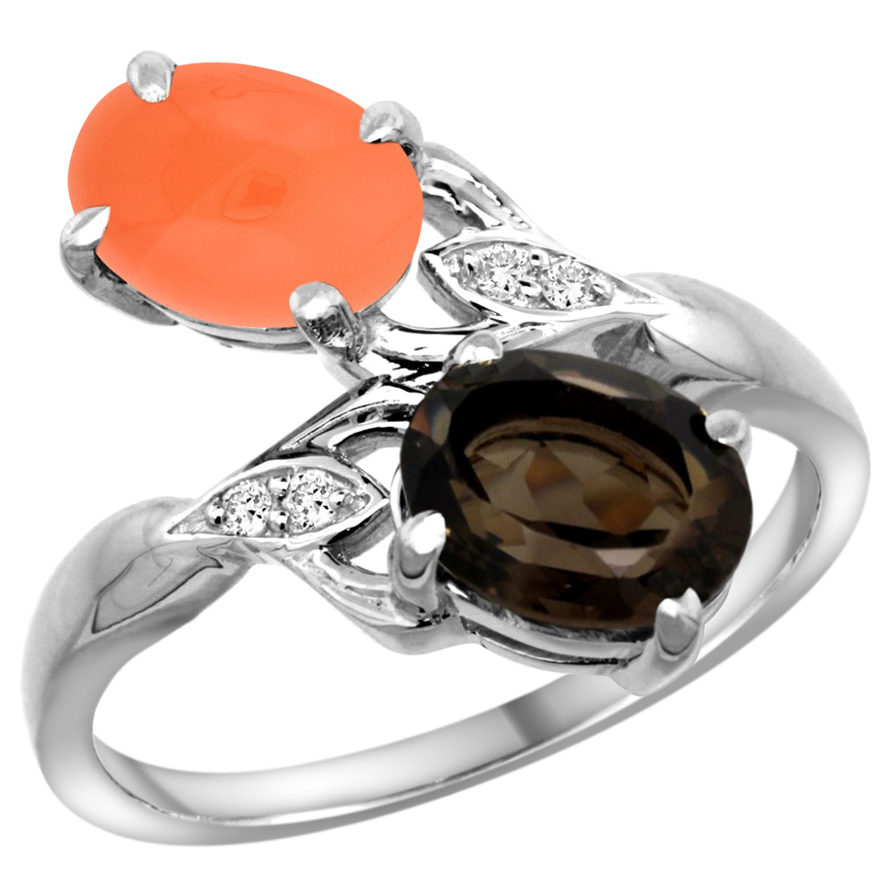 14K WHITE GOLD DIAMOND NATURAL SMOKY TOPAZ & ORANGE MOONSTONE 2-STONE RING OVAL 8X6MM, SIZES 5 - 10
