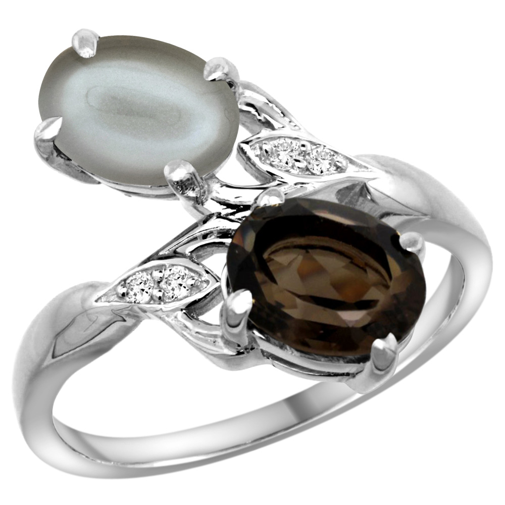 14K WHITE GOLD DIAMOND NATURAL SMOKY TOPAZ & GRAY MOONSTONE 2-STONE RING OVAL 8X6MM, SIZES 5 - 10