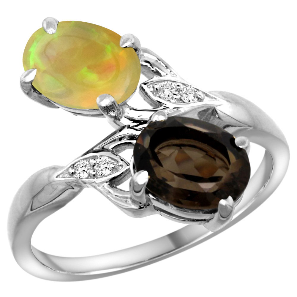 14k White Gold Diamond Natural Smoky Topaz &amp; Ethiopian Opal 2-stone Mothers Ring Oval 8x6mm, size 5 - 10