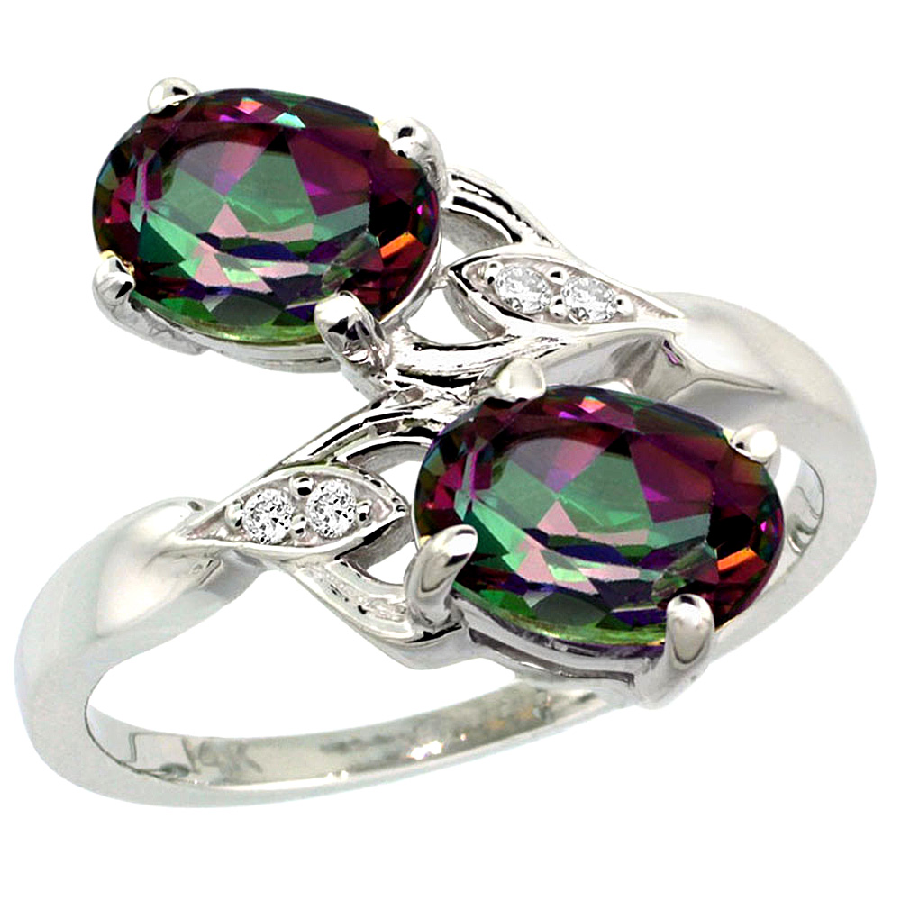 14K WHITE GOLD DIAMOND NATURAL MYSTIC TOPAZ 2-STONE RING OVAL 8X6MM, SIZES 5 - 10