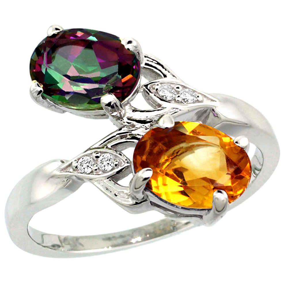 14K WHITE GOLD DIAMOND NATURAL MYSTIC TOPAZ & CITRINE 2-STONE RING OVAL 8X6MM, SIZES 5 - 10