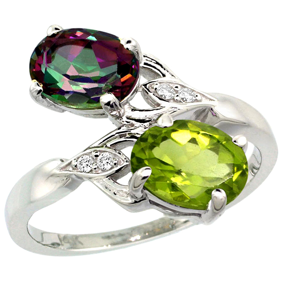 14K WHITE GOLD DIAMOND NATURAL MYSTIC TOPAZ & PERIDOT 2-STONE RING OVAL 8X6MM, SIZES 5 - 10