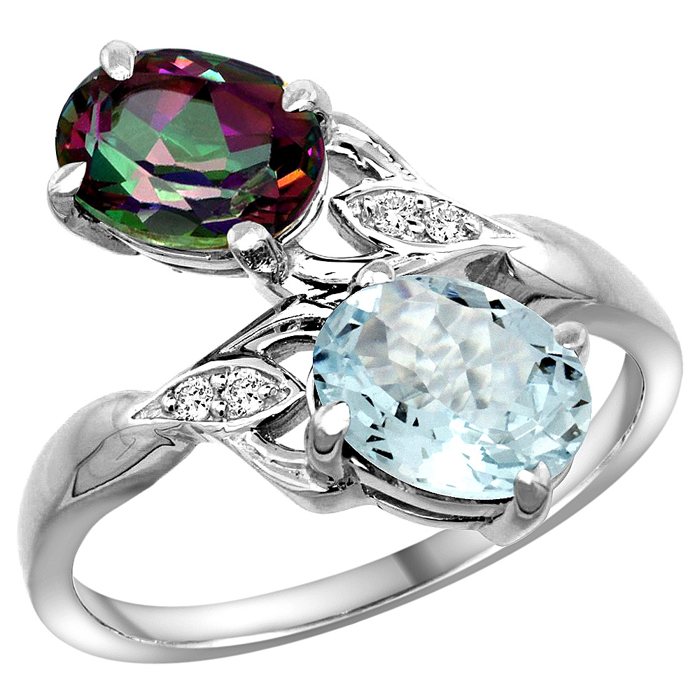 14K WHITE GOLD DIAMOND NATURAL MYSTIC TOPAZ & AQUAMARINE 2-STONE RING OVAL 8X6MM, SIZES 5 - 10