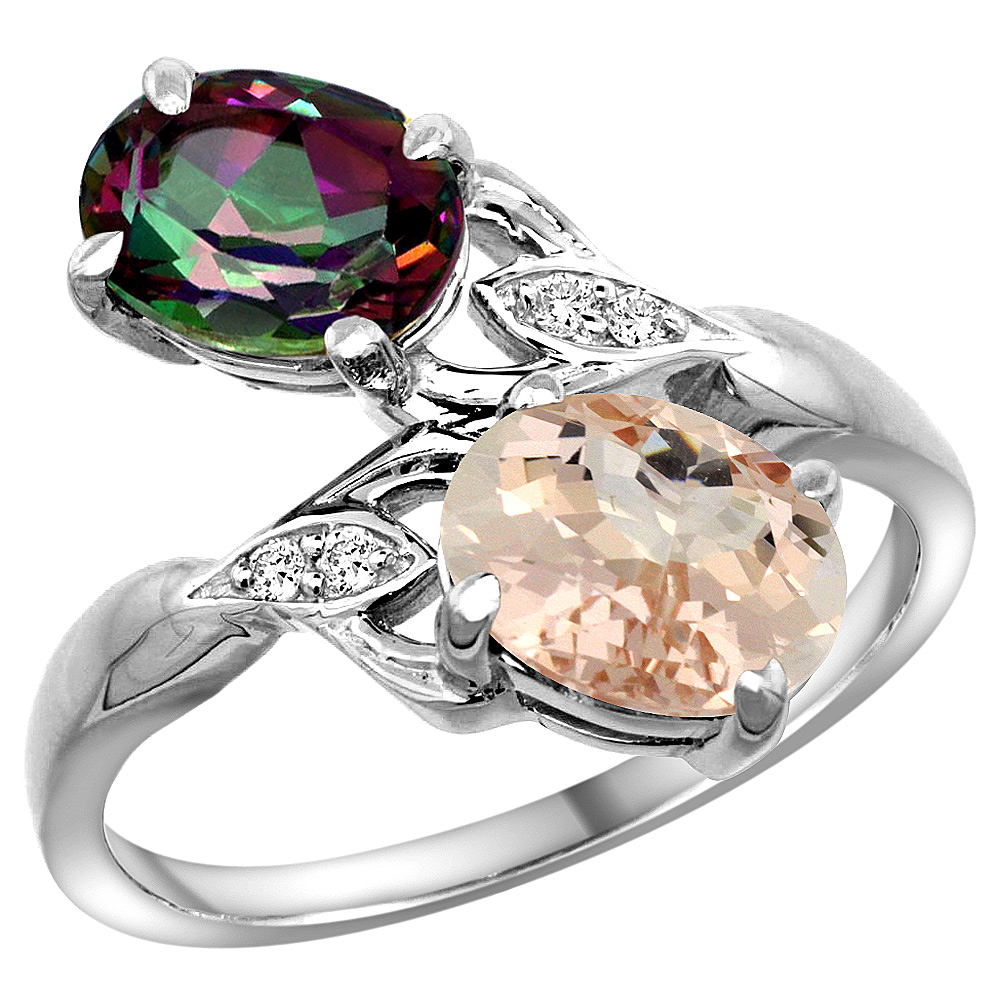 14K WHITE GOLD DIAMOND NATURAL MYSTIC TOPAZ & MORGANITE 2-STONE RING OVAL 8X6MM, SIZES 5 - 10