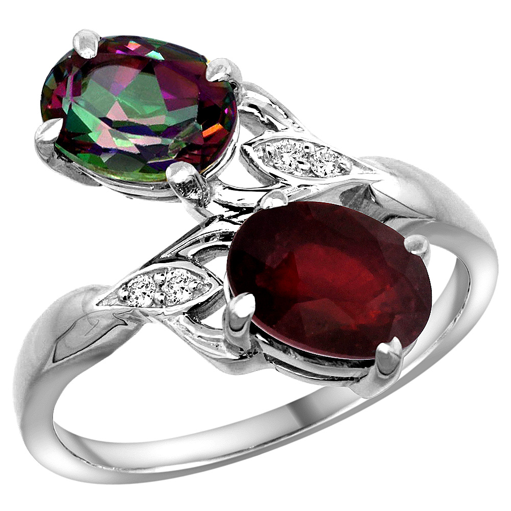 14K WHITE GOLD DIAMOND NATURAL MYSTIC TOPAZ & ENHANCED GENUINE RUBY 2-STONE RING OVAL 8X6MM, SIZES 5 - 10