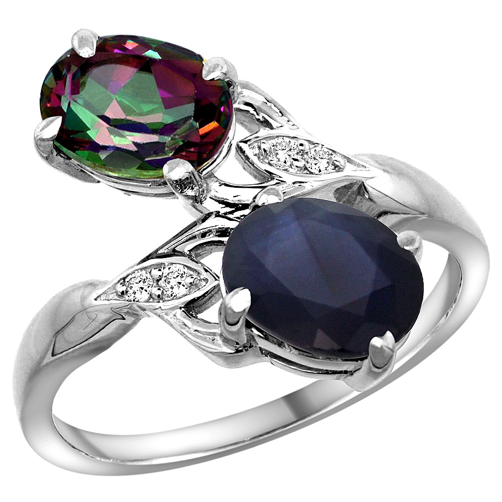 14K WHITE GOLD DIAMOND NATURAL MYSTIC TOPAZ & BLUE SAPPHIRE 2-STONE RING OVAL 8X6MM, SIZES 5 - 10