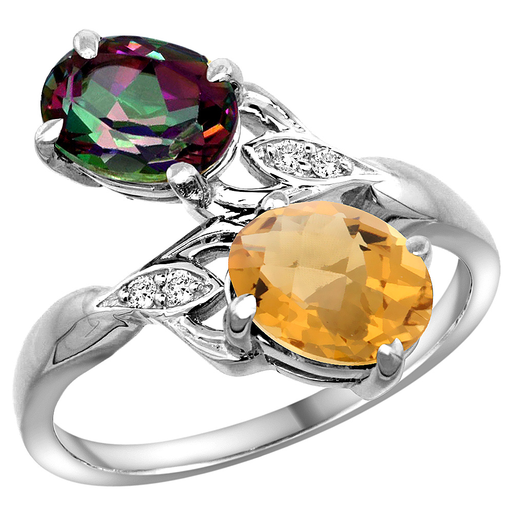 14K WHITE GOLD DIAMOND NATURAL MYSTIC TOPAZ & WHISKY QUARTZ 2-STONE RING OVAL 8X6MM, SIZES 5 - 10