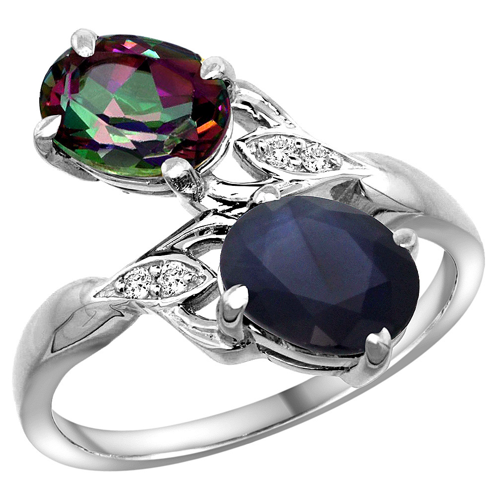 14K WHITE GOLD DIAMOND NATURAL MYSTIC TOPAZ & AUSTRALIAN SAPPHIRE 2-STONE RING OVAL 8X6MM, SIZES 5 - 10