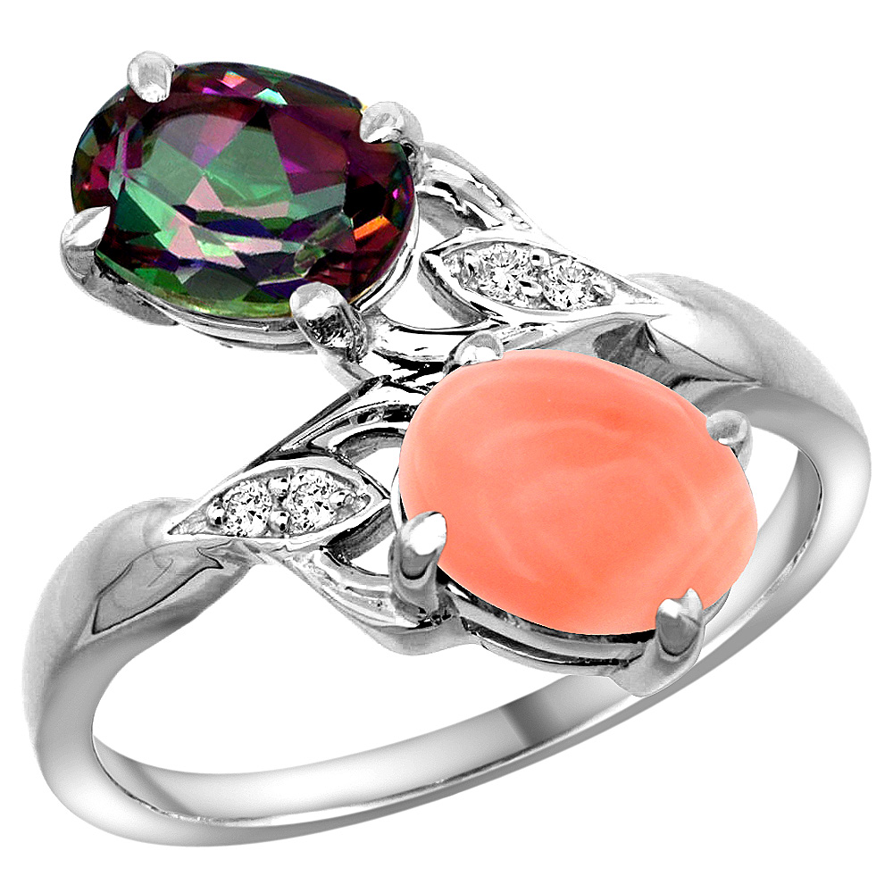 14K WHITE GOLD DIAMOND NATURAL MYSTIC TOPAZ & CORAL 2-STONE RING OVAL 8X6MM, SIZES 5 - 10