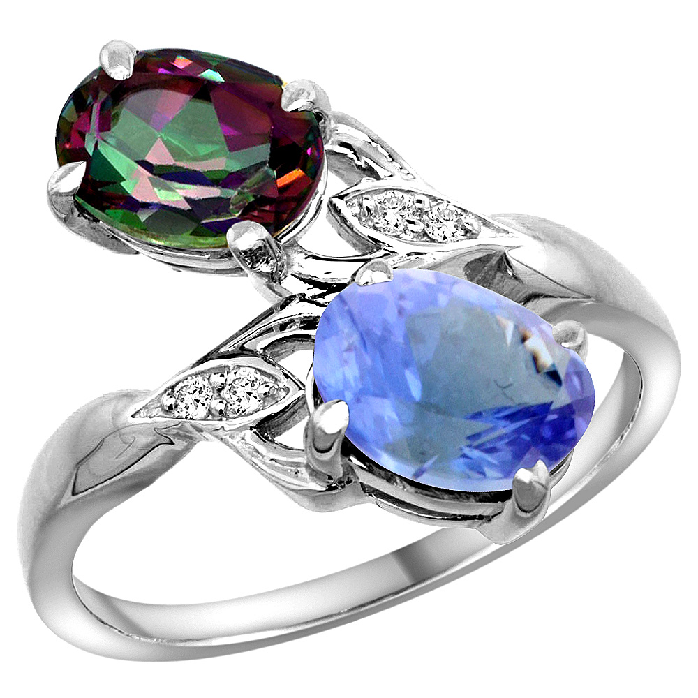 14K WHITE GOLD DIAMOND NATURAL MYSTIC TOPAZ & TANZANITE 2-STONE RING OVAL 8X6MM, SIZES 5 - 10