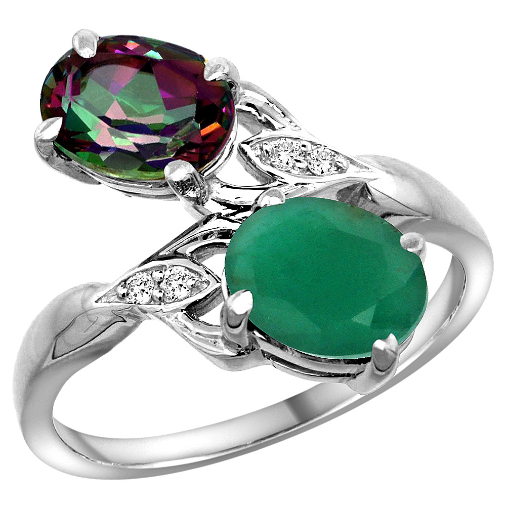 10K White Gold Diamond Natural Mystic Topaz & Quality Emerald 2-stone Mothers Ring Oval 8x6mm, size 5-10
