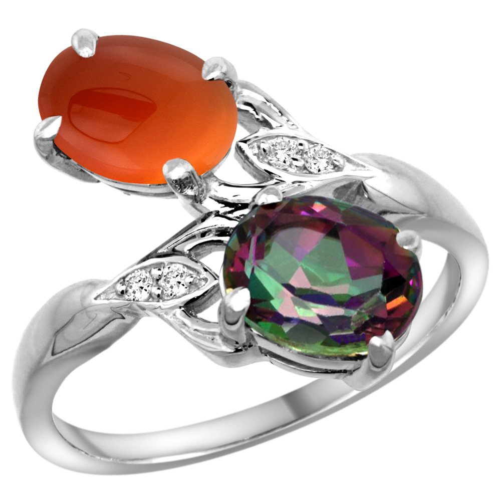 14K WHITE GOLD DIAMOND NATURAL MYSTIC TOPAZ & BROWN AGATE 2-STONE RING OVAL 8X6MM, SIZES 5 - 10