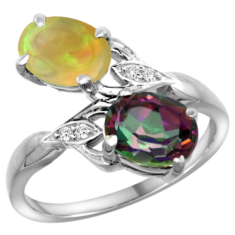 10K White Gold Diamond Natural Mystic Topaz &amp; Ethiopian Opal 2-stone Mothers Ring Oval 8x6mm, size 5 - 10