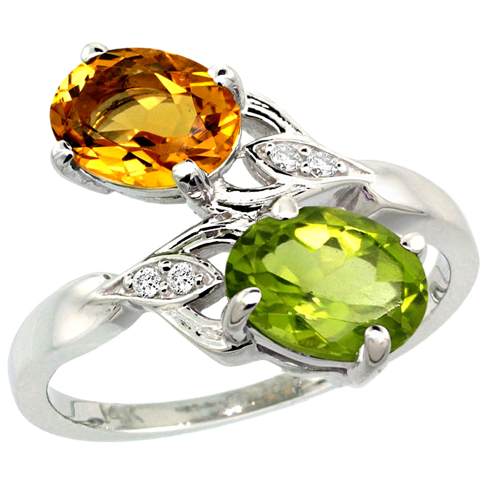 14K WHITE GOLD DIAMOND NATURAL CITRINE & PERIDOT 2-STONE RING OVAL 8X6MM, SIZES 5 - 10