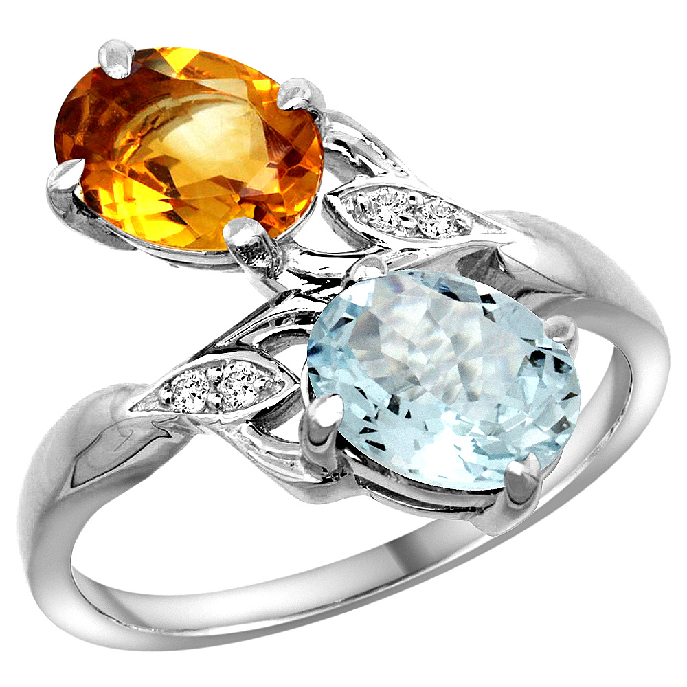 14K WHITE GOLD DIAMOND NATURAL CITRINE & AQUAMARINE 2-STONE RING OVAL 8X6MM, SIZES 5 - 10