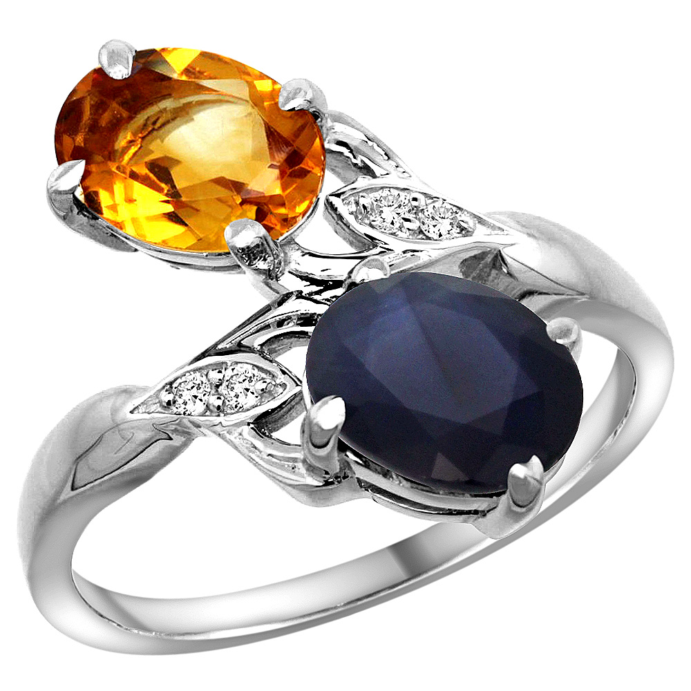 14K WHITE GOLD DIAMOND NATURAL CITRINE & BLUE SAPPHIRE 2-STONE RING OVAL 8X6MM, SIZES 5 - 10