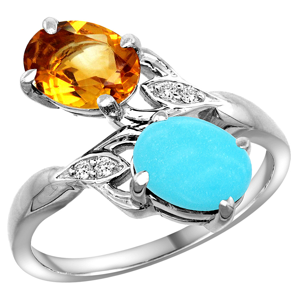 14K WHITE GOLD DIAMOND NATURAL CITRINE & TURQUOISE 2-STONE RING OVAL 8X6MM, SIZES 5 - 10
